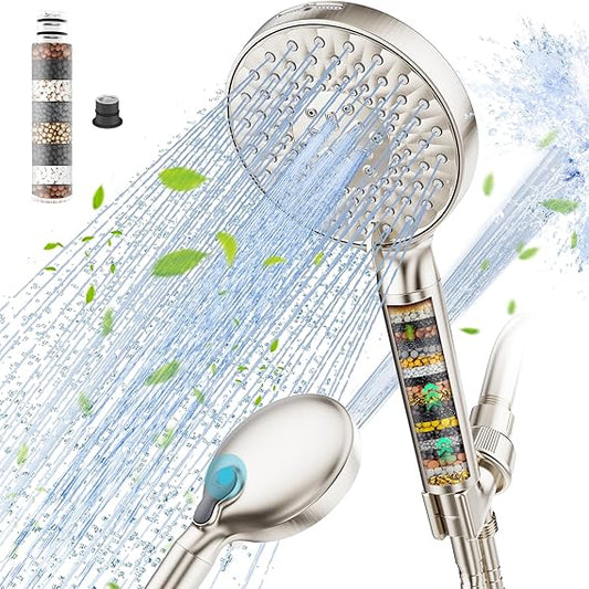 Filtered Shower Head with Handheld, High Pressure 9 Spray Mode Brushed Nickel Showerhead with Filters, detachable shower head,Water Softener Filters Beads for Hard Water - Remove Chlorine