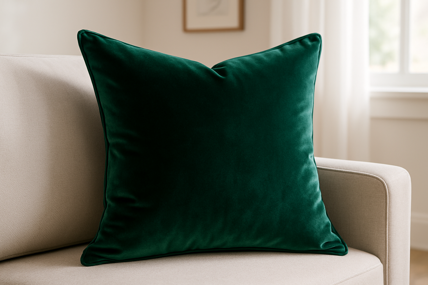 Emerald green velvet throw pillow in living room setting