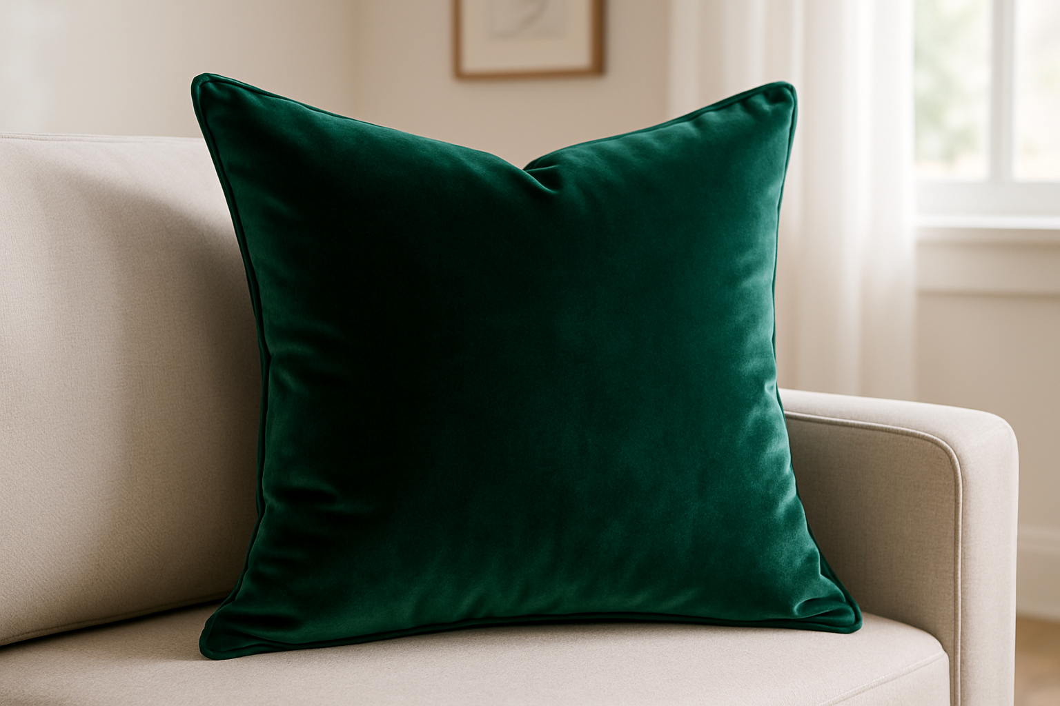 Emerald green velvet throw pillow in living room setting