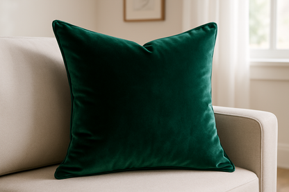 Emerald green velvet throw pillow in living room setting